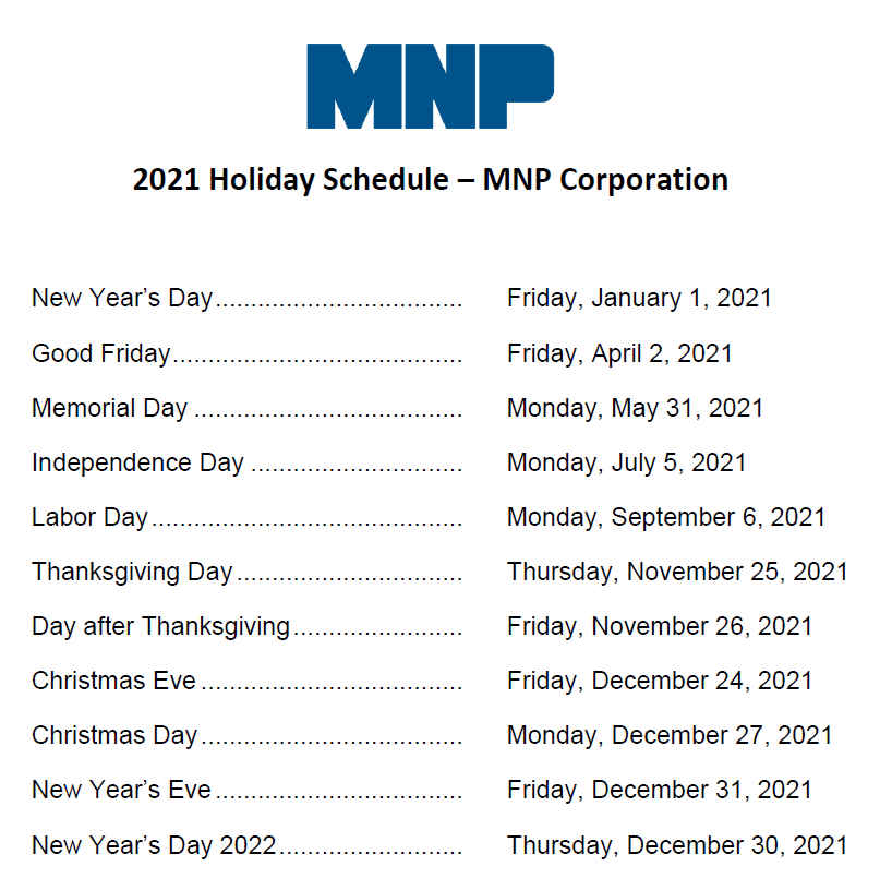 Holiday Schedules